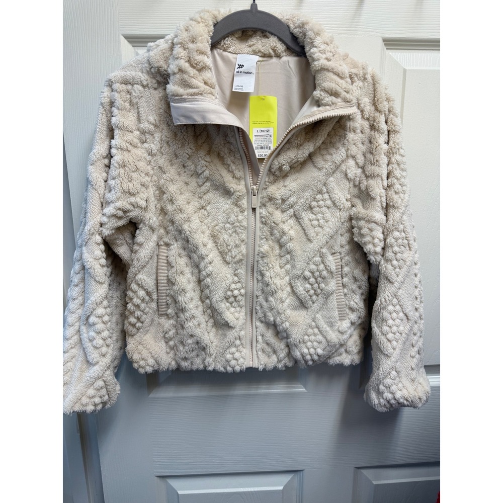 All In Motion Girls High Pile Fleece Full Zip Jacket Cream Large 10-12